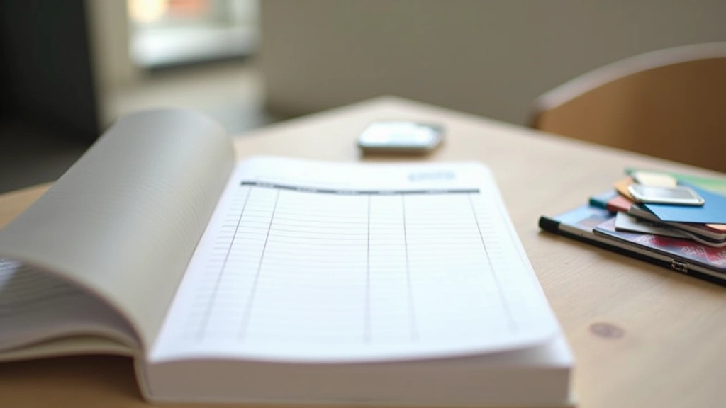 Notebook s tabulkou výdajů, různé platební metody vedle sebe, přirozené světlo