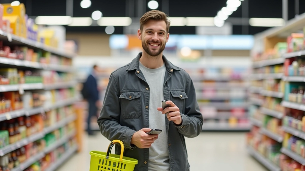 Osoba stojící v supermarketu s nákupním košíkem, obklopena regály s produkty a osvětlením, pohled z přední strany
