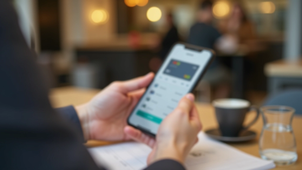 Ruka držící chytrý telefon s mobilní platební aplikací na obrazovce, kavárenský stůl